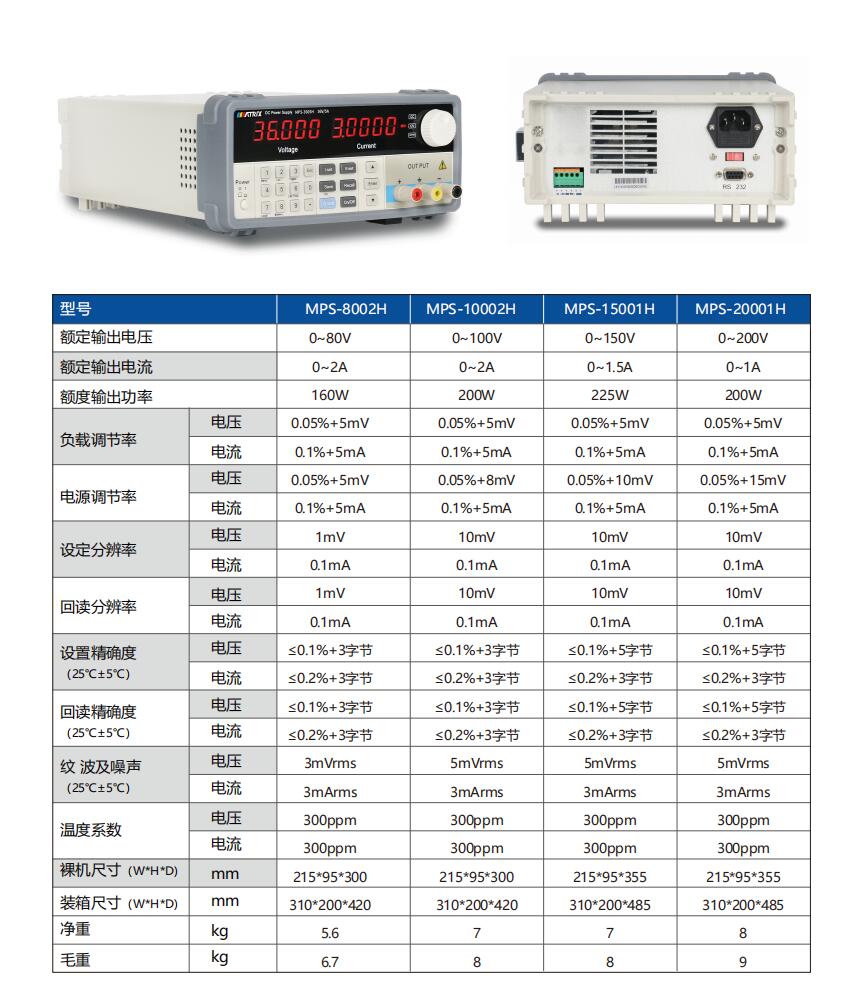 MPS-8002H，MPS-10002H，MPS-15001H，MPS-20001高精度可编程直流电源